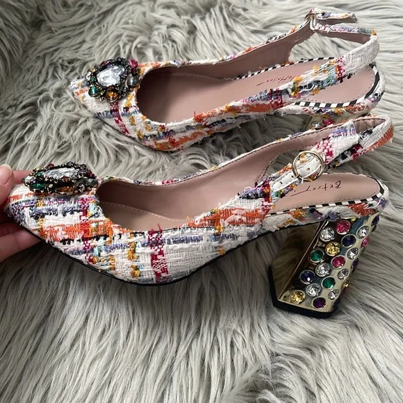 Betsey Johnson Colorful Tweed Heels with Jewel Details - Picture 4 of 7